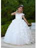 Cap Sleeves Beaded White Tulle 3D Flowers Fancy Flower Girl Dress Cap Sleeves Beaded White Tulle 3D Flowers Fancy Flower Girl Dress